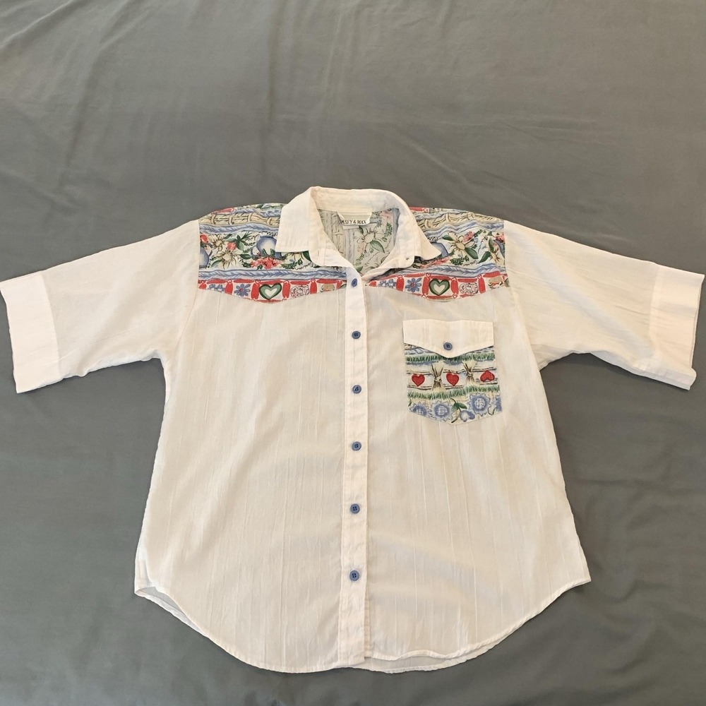 Vintage Casey & Max Shirt Womens Large White Short Sleeve Button Front Print 90s
